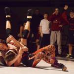 Nikiskis Yorik Bastuck grapples with Kenais Isaiah Ticknor, Tuesday, Nov. 19, 2019, at a Kenai/Nikiski dual meet at Nikiski High School. (Photo by Joey Klecka/Peninsula Clarion)