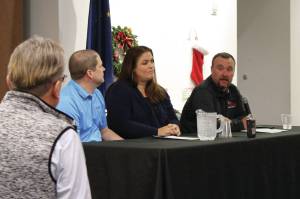 Local business owners Aaron Swanson, Darcy Swanson and Alex Douthit discuss their experiences as entrepreneurs in the community during the Kenai and Soldotna Chambers of Commerce Luncheon at the Kenai Visitor and Cultural Center on Nov. 20, 2019. (Photo by Brian Mazurek/Peninsula Clarion)