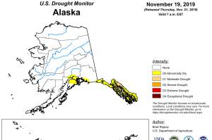 A map released Thursday, Nov. 21, 2019, shows Alaska drought conditions. (Image via United State Drought Monitor)