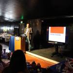 Kevin Miller, owner of Jumpin Junction Family Fun Center, gives his presentation to a panel of judges during the Spark Soldotna competition at the Catch Restaurant in Soldotna, Alaska, on Friday, Nov. 22, 2019. (Photo by Brian Mazurek/Peninsula Clarion)
