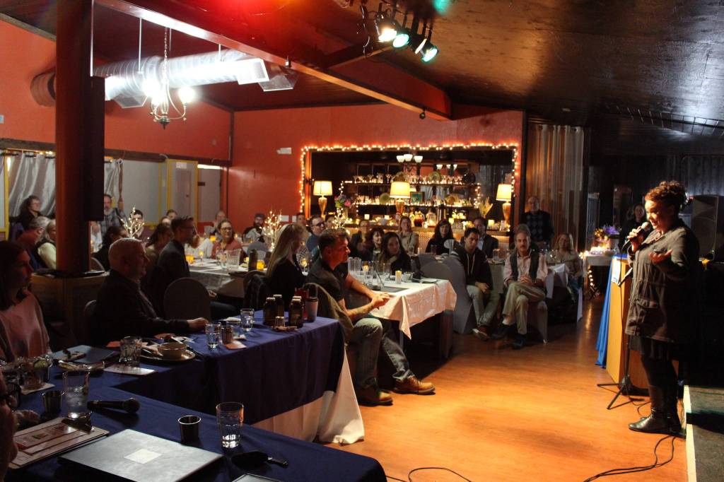 The crowd for the Spark Soldotna Competition can be seen here at the Catch Restaurant in Soldotna, Alaska, on Friday, Nov. 22, 2019. (Photo by Brian Mazurek/Peninsula Clarion)