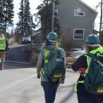 CERT volunteers go door to door while simulating a neighborhood evacuation in Kenai, Alaska, during OEMs Alaska Shield 2019 program on April 13, 2019. (Photo by Brian Mazurek/Peninsula Clarion)