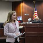 Nikiski Middle/High School senior Elora Reichert, in her role as prosecutor, gives an opening statement to the jury during a mock trial at the Kenai Courthouse on Dec. 3, 2019. (Photo by Brian Mazurek/Peninsula Clarion)
