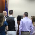 Peter Ehrhardt in his role as the judge counsels the defense attorneys and prosecutors during a mock trial at the Kenai Courthouse on Dec. 3, 2019. (Photo by Brian Mazurek/Peninsula Clarion)