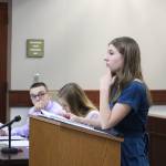 Nikiski Middle/High School senior America Jeffreys, in her role as defense attorney, questions a witness during a mock trial at the Kenai Courthouse on Dec. 3, 2019. (Photo by Brian Mazurek/Peninsula Clarion)