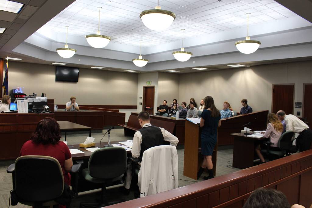 Students from Nikiski/Middle High School participate in a mock trial at the Kenai Courthouse on Dec. 3, 2019. (Photo by Brian Mazurek/Peninsula Clarion)