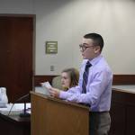 Nikiski Middle/High School senior Joseph Yourkoski, in his role as prosecutor, questions a witness during a mock trial at the Kenai Courthouse on Dec. 3, 2019. (Photo by Brian Mazurek/Peninsula Clarion)