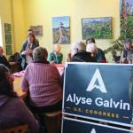 Community members listen to Alyse Galvin, who is running for the Alaska seat in the U.S. House of Representatives, speak during a meet and greet Sunday. Dec. 1, 2019 at K-Bay Caffee in Homer, Alaska. Galvin first ran to unseat Rep. Don Young in 2018. (Photo by Megan Pacer/Homer News)