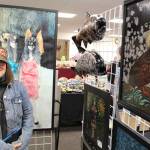 Artist Kathy Matta displays some of her art for sale at the annual Central Peninsula Hospital Auxiliary Holiday Bazaar in Soldotna, Alaska on Dec. 6, 2019. (Photo by Brian Mazurek/Peninsula Clarion)