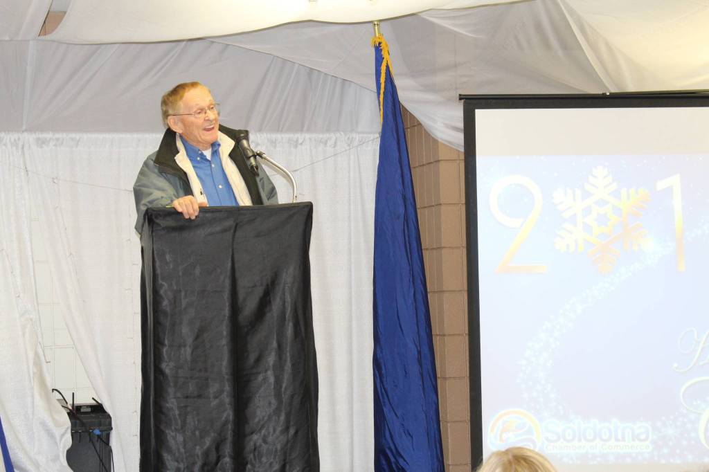 Kearlee Wright accepts the Pioneer Award at the Soldotna Chamber of Commerce Awards Luncheon at the Soldotna Regional Sports Complex on Dec. 11, 2019. (Photo by Brian Mazurek/Peninsula Clarion)