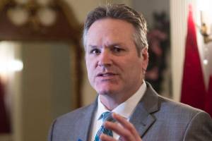 Gov. Mike Dunleavy speaks to members of the media before welcoming Juneau residents to the Governors Open House on Tuesday, Dec. 11, 2018. (Michael Penn | Juneau Empire)                                Gov. Mike Dunleavy speaks to members of the media before welcoming Juneau residents to the Governor’s Open House on Tuesday, Dec. 11, 2018. (Michael Penn | Juneau Empire)