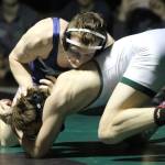 Soldotnas Zach Burns tries to defend a shot from Colonys Aidan Ehmann during the 140-pound final of the Northern Lights Conference Championships Saturday, Dec. 14, 2019, at Colony High School. (Photo by Jeremiah Bartz/Frontiersman)