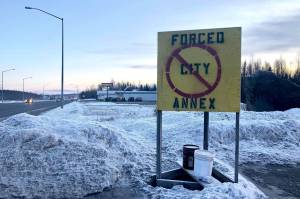 A sign opposing the city of Soldotnas efforts to annex nearby areas sits along the Kenai Spur Highway in an area the city petitioned the state to annex through the legislative process on Dec. 20, 2019, in Soldotna, Alaska. (Photo by Victoria Petersen/Peninsula Clarion)