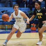 Soldotnas Mikayla Leadens races around Service defender Neolani Quitugua-Banks, Friday, Dec. 20, 2019, at the Powerade/Al Howard Tip-Off tournament at Soldotna High School. (Photo by Joey Klecka/Peninsula Clarion)