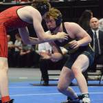 Homers Mose Hayes challenges Eielsons Adam Jockusch in the Division II boys 152-pound final Saturday, Dec. 21, 2019, at the ASAA State Wrestling Championships at the Alaska Airlines Center in Anchorage, Alaska. (Photo by Joey Klecka/Peninsula Clarion)