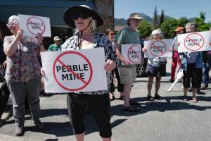 Michael Penn | Juneau Empire File                                 In this file photo from June 25, 2019, Judy Cavanaugh stands with others at a rally against the Pebble Mine in front of U.S. Sen. Lisa Murkowskis Juneau office.