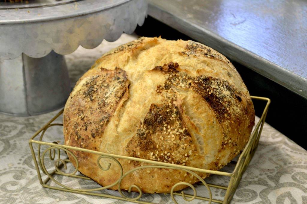 A sourdough loaf made from Kevin, Jesse Hughes sourdough starter, waits to be bought at the Three Peaks Mercantile Pop-up shop at Artzy Junkin, Friday, April 12, 2019, in Soldotna, Alaska. (Photo by Victoria Petersen/Peninsula Clarion)