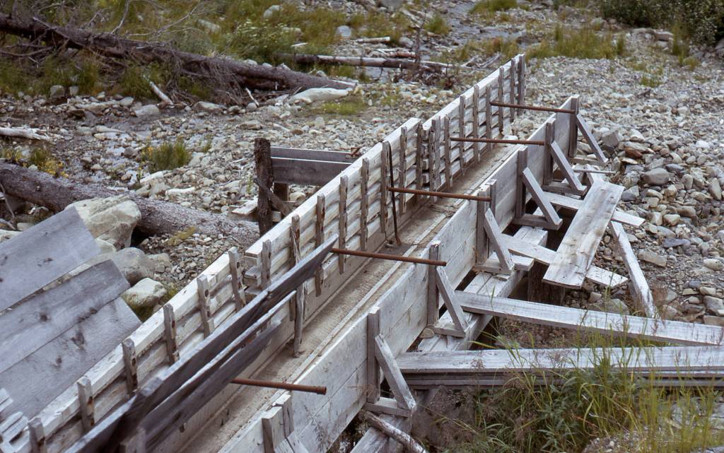 A Surprise Creek sluice box still in place in 1967. (Photo from the Fair Family Collection)