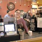 Shift leader Melanie Smith serves up a hazelnut latte at the Kaladi Brothers Coffee shop on Kobuk Street in Soldotna, Alaska on Jan. 1, 2020. Kaladi Brothers donated all of their proceeds from coffee sales on New Years Day to the Students in Transition program, which provides resources to homeless students on the Kenai Peninsula. (Photo by Brian Mazurek/Peninsula Clarion)