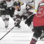 Kenai River Brown Bears forward Theo Thrun brings the puck up the ice on Friday, Oct. 18, 2019, against the Minnesota Magicians at the Soldotna Regional Sports Complex in Soldotna, Alaska. (Photo by Jeff Helminiak/Peninsula Clarion)