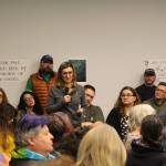 Audre Gifford asks Sen. Peter Micciche, R-Soldotna, to support SB82 during the LGBTQ Town Hall at the Soldotna Public Library in Soldotna, Alaska on Jan. 4, 2020. (Photo by Brian Mazurek/Peninsula Clarion)