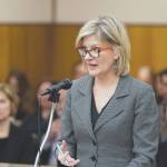 Former Alaska Attorney General Jahna Lindemuth argues on behalf of the Recall Dunleavy campaign Friday, Jan. 10, 2020 in Alaska Superior Court. The campaign alleges that the state improperly rejected one step of their recall effort. Judge Eric Aarseth ruled that an effort to recall Republican Gov. Mike Dunleavy may proceed, a decision that is expected to be appealed. The decision followed arguments in the case and came two months after Gail Fenumiai, director of the state Division of Elections, rejected a bid to advance the recall effort. (Loren Holmes/Anchorage Daily News via AP)