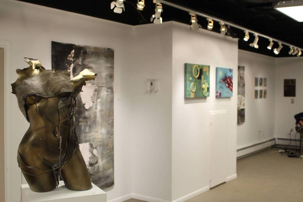 The work of Stephanie Cox and Anna Widman is seen here on display at the Kenai Fine Art Center in Kenai, Alaska, on Jan. 2, 2020. (Photo by Brian Mazurek/Peninsula Clarion)