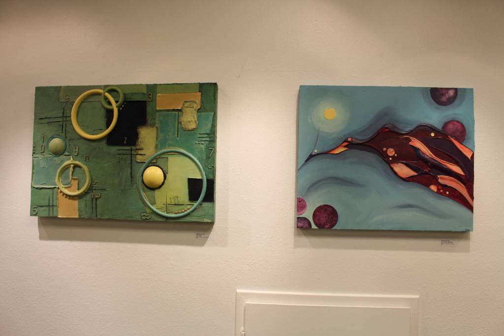 The work of Stephanie Cox is seen here on display at the Kenai Fine Art Center in Kenai, Alaska, on Jan. 2, 2020. (Photo by Brian Mazurek/Peninsula Clarion)