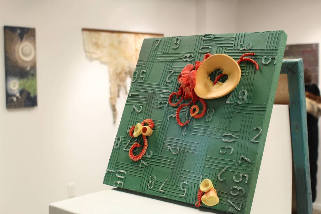 The work of Stephanie Cox is seen here on display at the Kenai Fine Art Center in Kenai, Alaska, on Jan. 2, 2020. (Photo by Brian Mazurek/Peninsula Clarion)