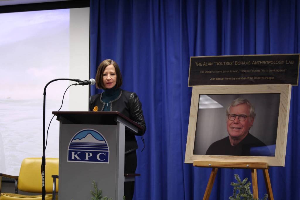 Cathy Sandeen, Chancellor of the University of Alaska Anchorage, speaks during a Celebration of Life for Dr. Alan Boraas at Kenai Peninsula College in Soldotna, Alaska on Jan. 17, 2020. (Photo by Brian Mazurek/Peninsula Clarion)