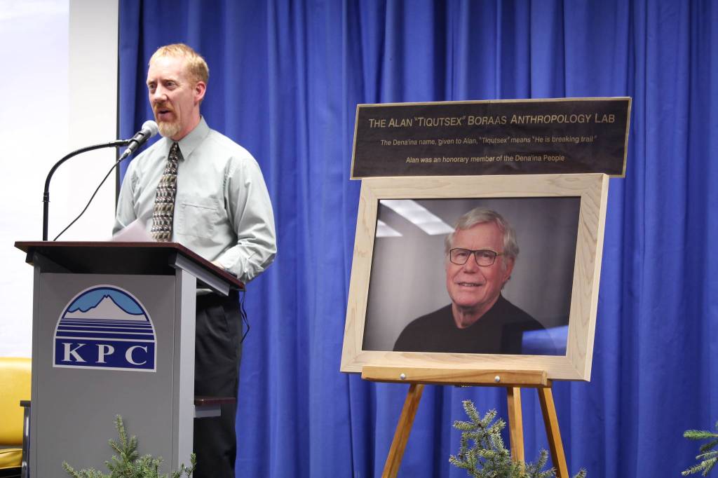 Kent Peterson, cross country ski coach, speaks during a Celebration of Life for Dr. Alan Boraas at Kenai Peninsula College in Soldotna, Alaska on Jan. 17, 2020. (Photo by Brian Mazurek/Peninsula Clarion)