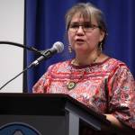 Sondra Shaginoff-Stuart, Alaska Native Language professor at Kenai Peninsula College, speaks during a Celebration of Life for Dr. Alan Boraas at Kenai Peninsula College in Soldotna, Alaska on Jan. 17, 2020. (Photo by Brian Mazurek/Peninsula Clarion)