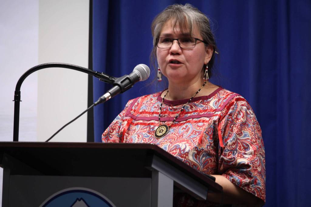 Sondra Shaginoff-Stuart, Alaska Native Language professor at Kenai Peninsula College, speaks during a Celebration of Life for Dr. Alan Boraas at Kenai Peninsula College in Soldotna, Alaska on Jan. 17, 2020. (Photo by Brian Mazurek/Peninsula Clarion)