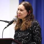 Kristin Boraas-Carder speaks during the Celebration of Life for her father, Dr. Alan Boraas, at Kenai Peninsula College in Soldotna, Alaska on Jan. 17, 2020. (Photo by Brian Mazurek/Peninsula Clarion)