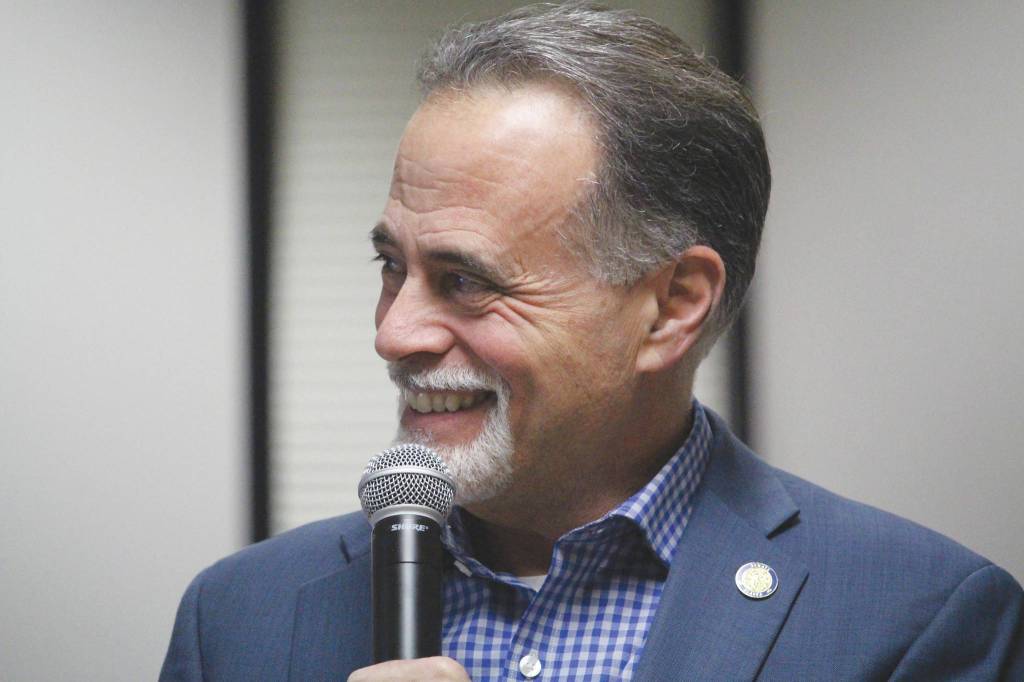 Sen. Peter Micciche, R-Soldotna, speaks to constituents during a town hall at the Betty J. Glick Assembly Chambers in Soldotna, Alaska on Jan. 16, 2020. (Photo by Brian Mazurek/Peninsula Clarion)