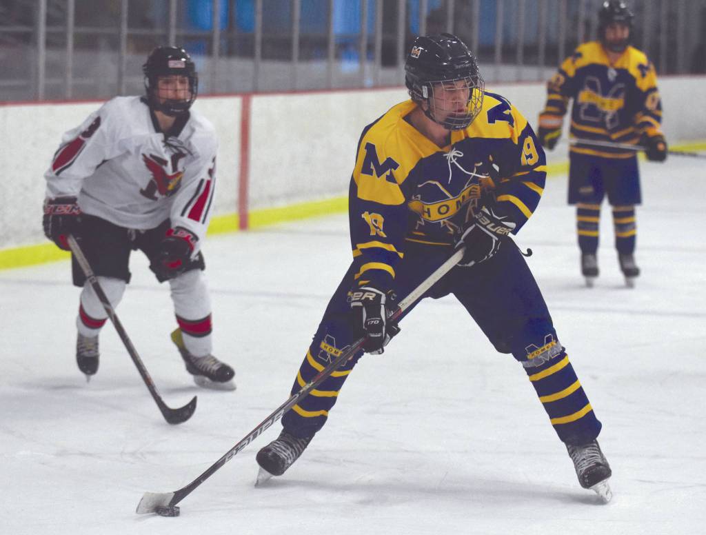 Homers Alden Ross prepares to pass against Kenai Central on Saturday, Jan. 18, 2020, at the Kenai Multi-Purpose Facility in Kenai, Alaska. (Photo by Jeff Helminiak/Peninsula Clarion)