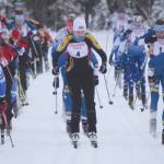 Palmers Zoe Copp, Grace Christians Anna McLaughlin and Homers Autumn Daigle lead the pack at the start of the Kenai Klassic on Friday, Jan. 24, 2020, at Kenai Golf Course in Kenai, Alaska. (Photo by Jeff Helminiak/Peninsula Clarion)