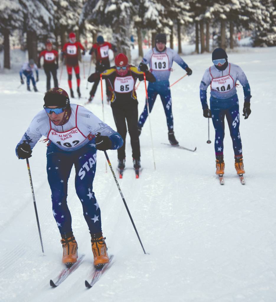 Soldotnas Bradley Walters lead the pack near the start of the Kenai Klassic on Friday, Jan. 24, 2020, at Kenai Golf Course in Kenai, Alaska. (Photo by Jeff Helminiak/Peninsula Clarion)
