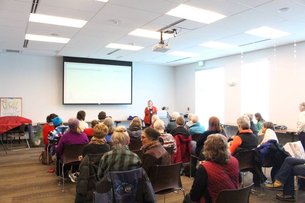 Barbara Waters speaks to attendees of the Centennial Voices event at the Soldotna Public Library in Soldotna, Alaska, on Saturday, Jan. 25, 2020. (Photo by Brian Mazurek/Peninsula Clarion)