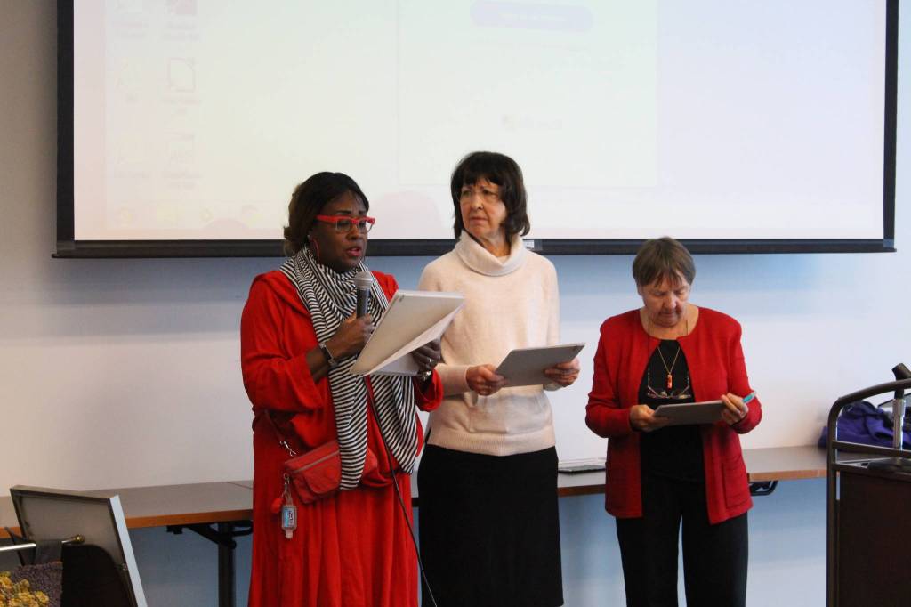 Members of the League of Women Voters Charlissa Magen, Cathleen Rolph and Sammy Crawford speak about the history of womens suffrage during the Centennial Voices event at the Soldotna Public Library in Soldotna, Alaska, on Saturday, Jan. 25, 2020. (Photo by Brian Mazurek/Peninsula Clarion)