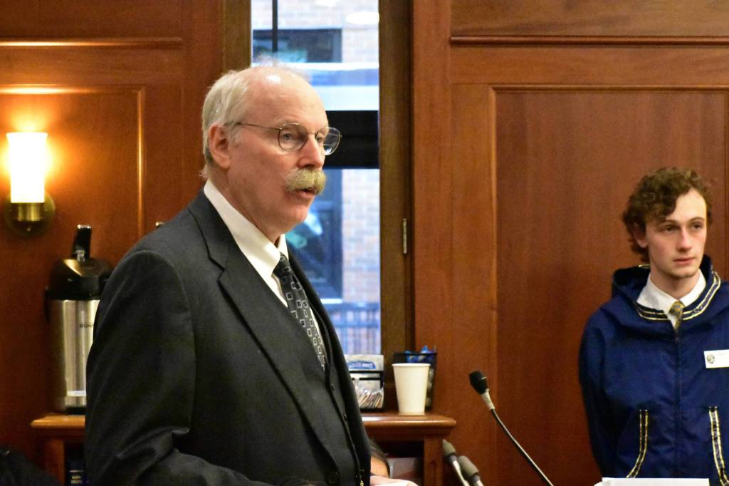 Sen. Bert Stedman, R-Sitka, speaks in support of overriding Gov. Mike Dunleavys vetoes during a joint session on Friday.