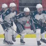 Soldotnas Galen Brantley III leads his team to the bench Tuesday, Jan. 28, 2020, after scoring a first-period goal against Kenai Central at the Soldotna Regional Sports Complex in Soldotna, Alaska. (Photo by Jeff Helminiak/Peninsula Clarion)