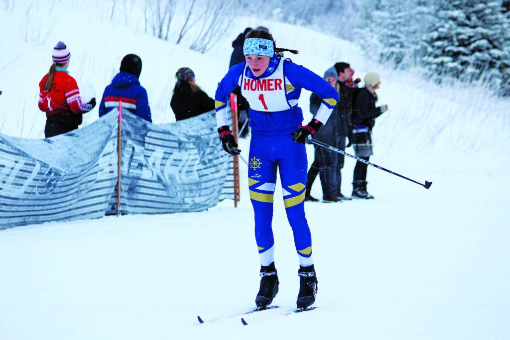 Homers Autumn Daigle skis to first place in the varsity girls 5-kilometer classic race Friday during the Homer Invite at the Lookout Mountain Trails on Ohlson Mountain Road near Homer. (Photo by Megan Pacer/Homer News)