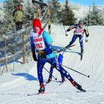 Soldotnas Jack Harris leads a group of skiers down a hill during the boys varsity 5-kilometer skate race Saturday during the Homer Invite at the Lookout Mountain Trails on Ohlson Mountain Road near Homer. (Photo by Megan Pacer/Homer News)