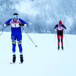 Homers Autumn Daigle skis to the finish of a Friday, Jan. 31, 2020 classic ski race ahead of Kenais Jayna Boonstra during the Homer Invite at the Lookout Mountain Trails on Ohlson Mountain Road near Homer, Alaska. (Photo by Megan Pacer/Homer News)