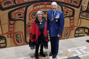 Ben Hohenstatt | Juneau Empire                                Sealaska Heritage Institute President Rosita Worl and Air Force Lt. Gen. Tom Bussiere, Commander for Alaskan Command, stand together following a day of meetings at SHIs Walter Soboleff Building.