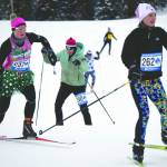 Eventual race winner Morgan Aldridge chases Libby Jensen, who finished third, and is chased by Amy Anderson, who took second, at the Ski for Women on Sunday, Feb. 2, 2020, at Tsalteshi Trails just outside of Soldotna. (Photo by Jeff Helminiak/Peninsula Clarion)