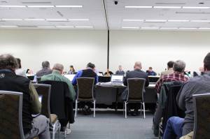 Members of the Alaska Board of Fisheries meet for the Upper Cook Inlet Finfish Meeting at the William A. Egan Convention Center in Anchorage, Alaska, on Feb. 11, 2020. (Photo by Brian Mazurek/Peninsula Clarion)