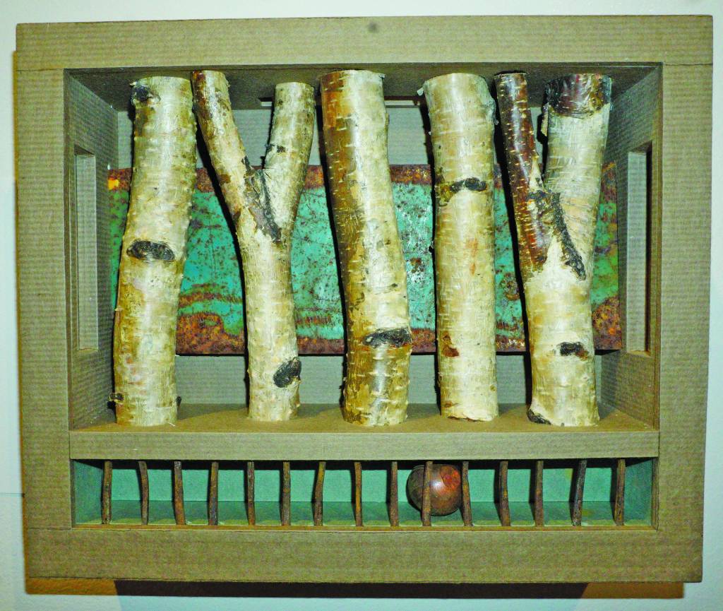 Margo Klass box construction, Evocations, was created in response to composer Christian DuBeaus Savage. Her work is part of Denali Artists Respond to Music Inspired by Wilderness, a collaboration between artists and composers showing Feb. 7-May 25, 2020, at the Pratt Museum in Homer, Alaska. (Photo by Michael Armstrong/Homer News)