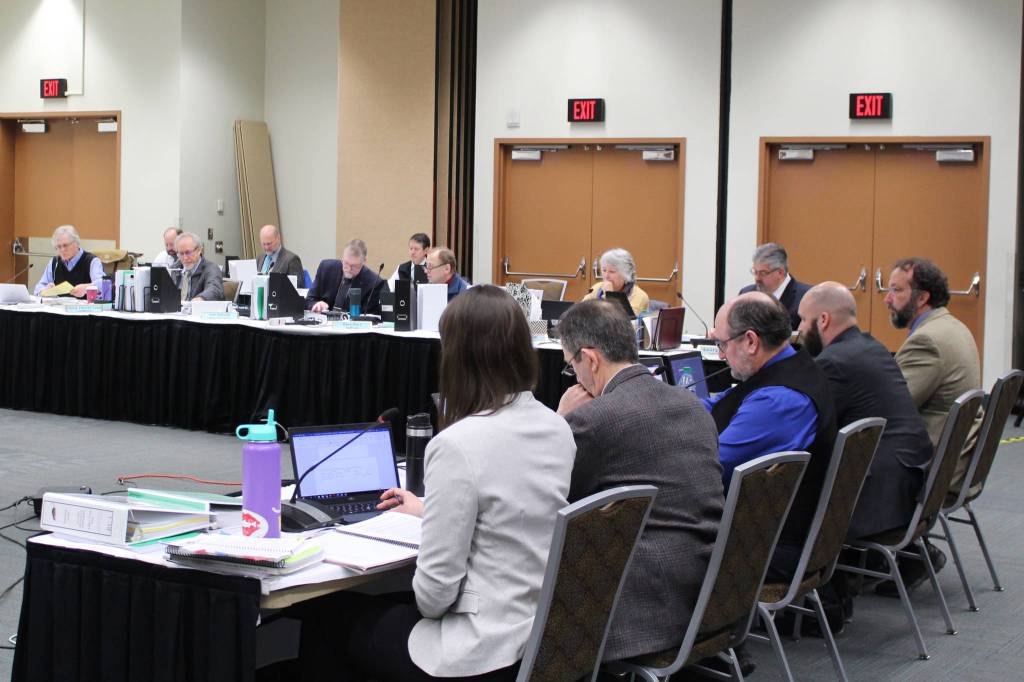 Members of the Alaska Board of Fisheries meet for the Upper Cook Inlet Finfish Meeting at the William A. Egan Convention Center in Anchorage, Alaska, on Feb. 11, 2020. (Photo by Brian Mazurek/Peninsula Clarion)